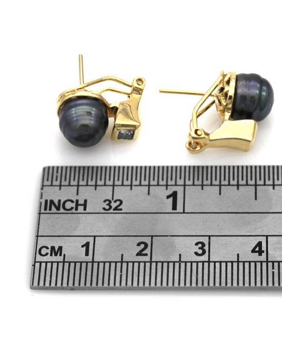 Ringed Black Tahitian Pearl and Diamond Earrings in Yellow Gold